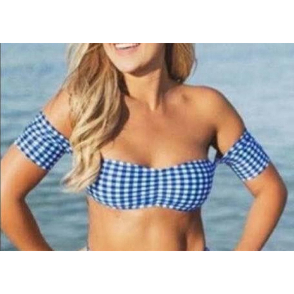 NWT Lauren James Swim Gingham Off-The-Shoulder Bandeau Bikini Top Blue Small